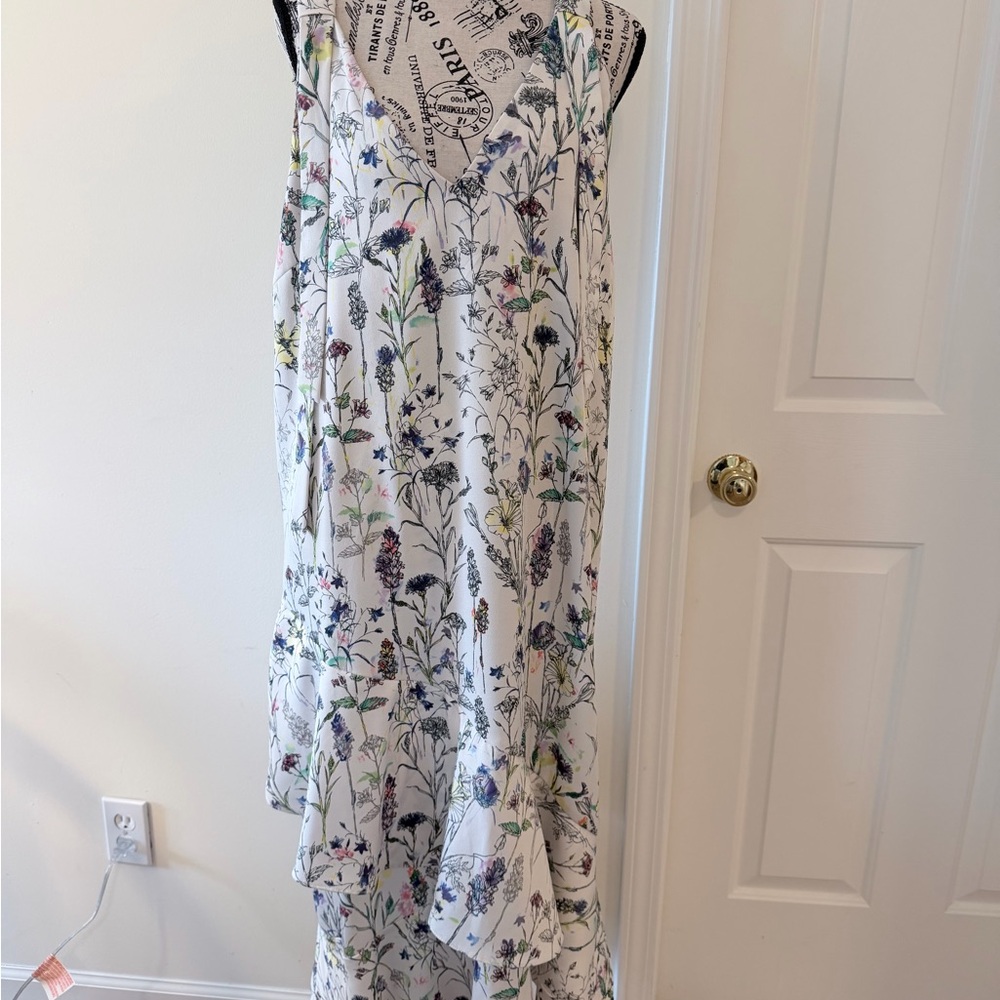 H&M Floral V-Neck Sleeveless Ruffle Hem Maxi Dress White Botanical Print Boho 14